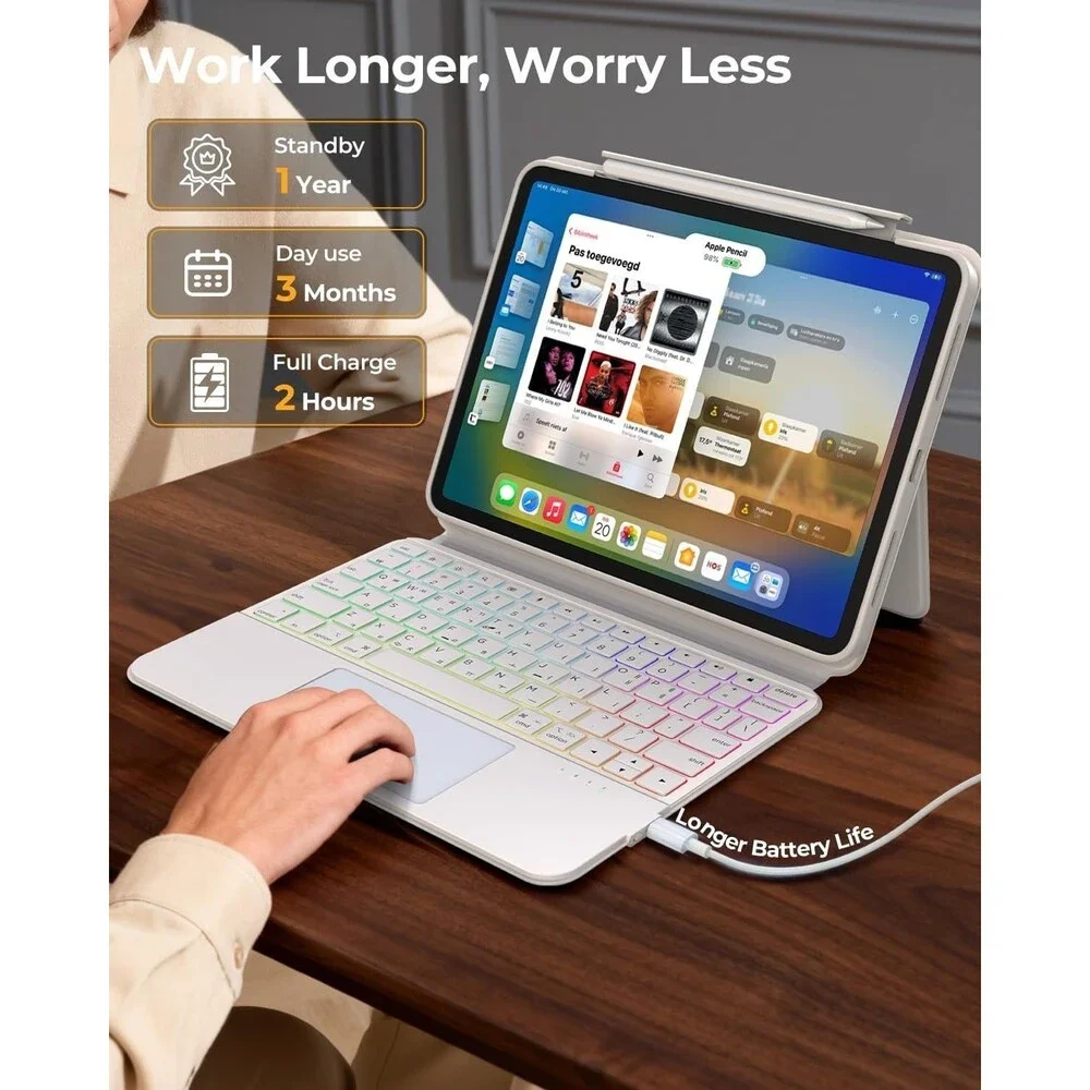 Title: Clear 360° Rotating Keyboard Case for iPad Air 13 M4/M2 & Pro 12.9 - Whi